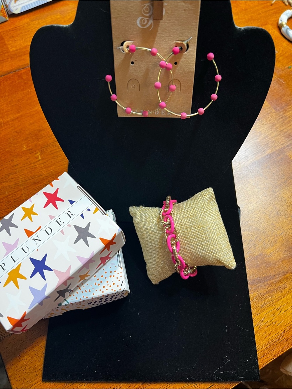 Plunder Hot Pink Bead Hoop Earrings & Hot Pink Chain Bracelet Set